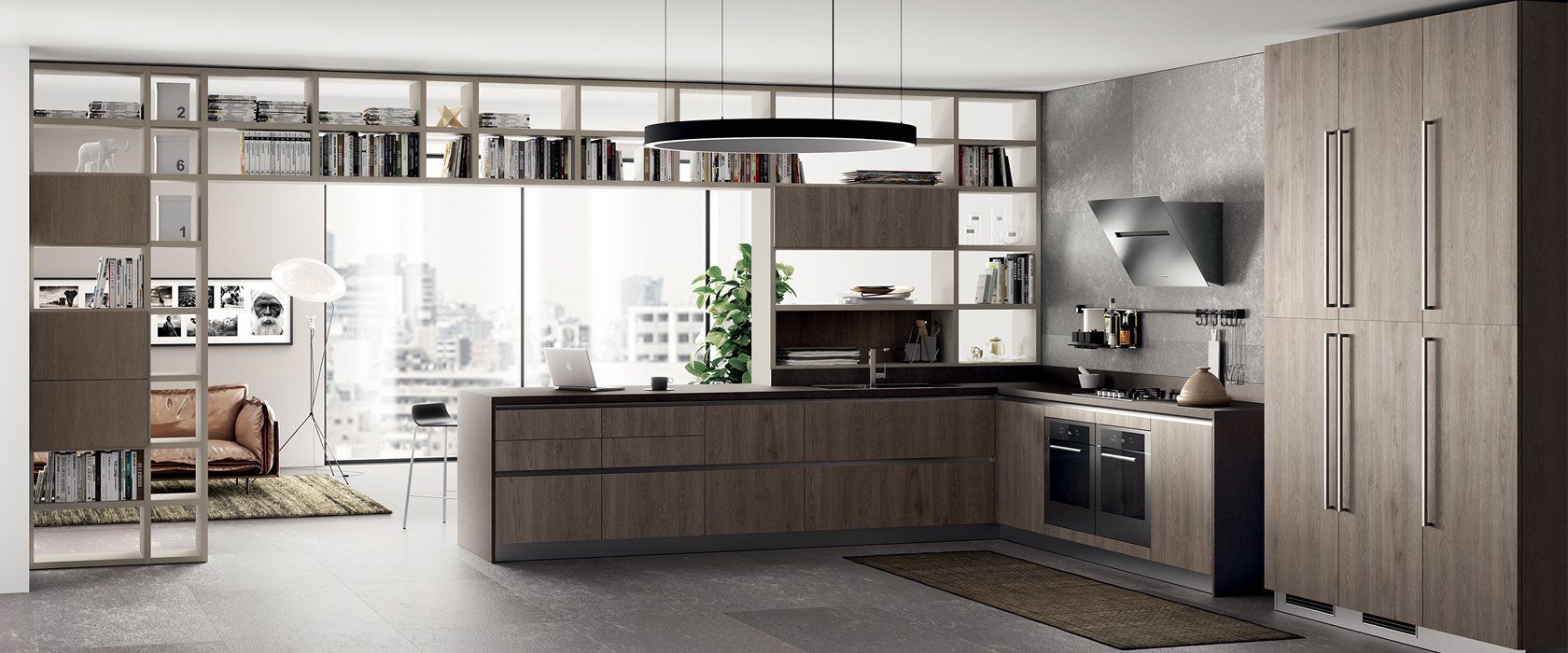 Cucina moderna con mobili in legno, isola e scaffalature integrate.