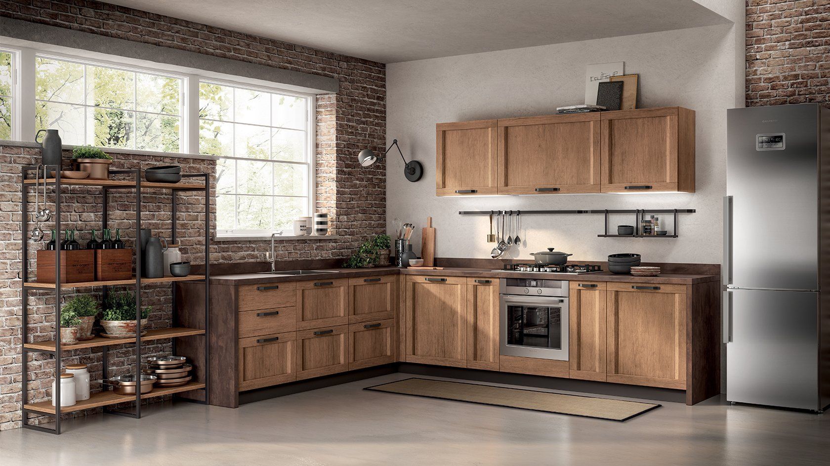 Cucina rustica con mobili in legno, parete in mattoni, frigorifero in acciaio inox e finestra.