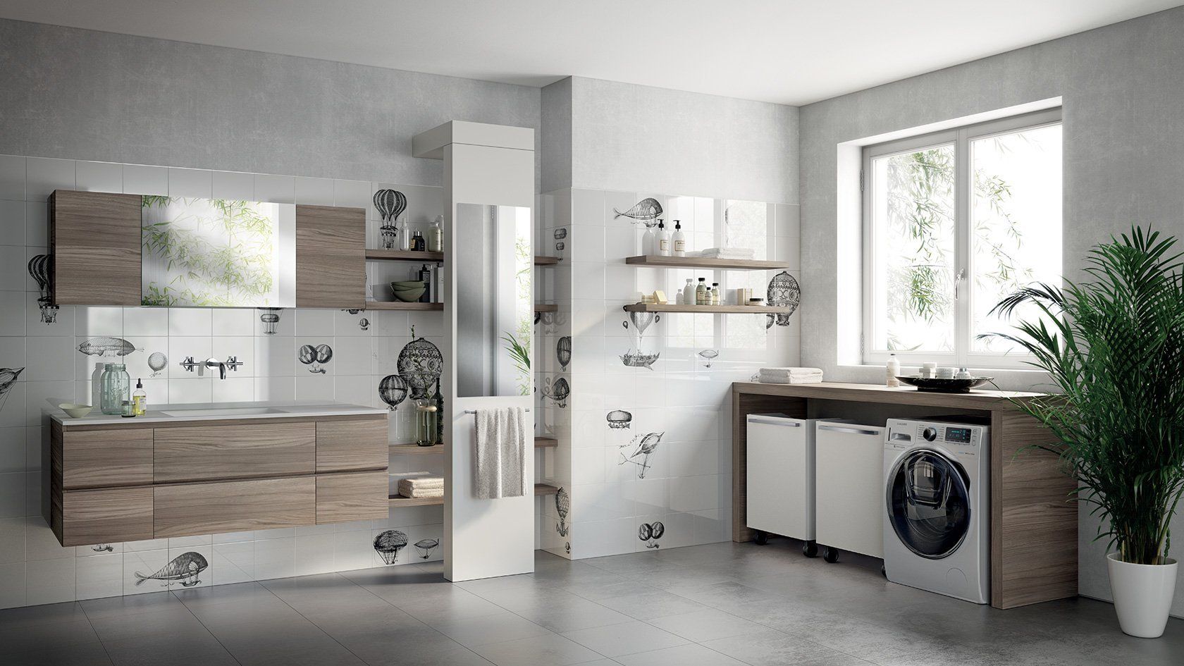 Bagno moderno con mobili in legno, pareti bianche e zona lavanderia. Sono presenti un'ampia finestra e una pianta.