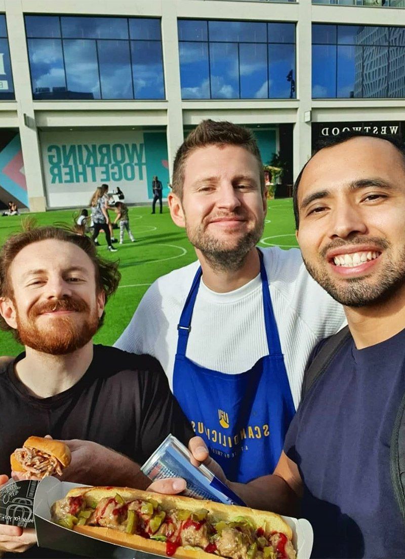 Freddy with happy customers at Westfield, London