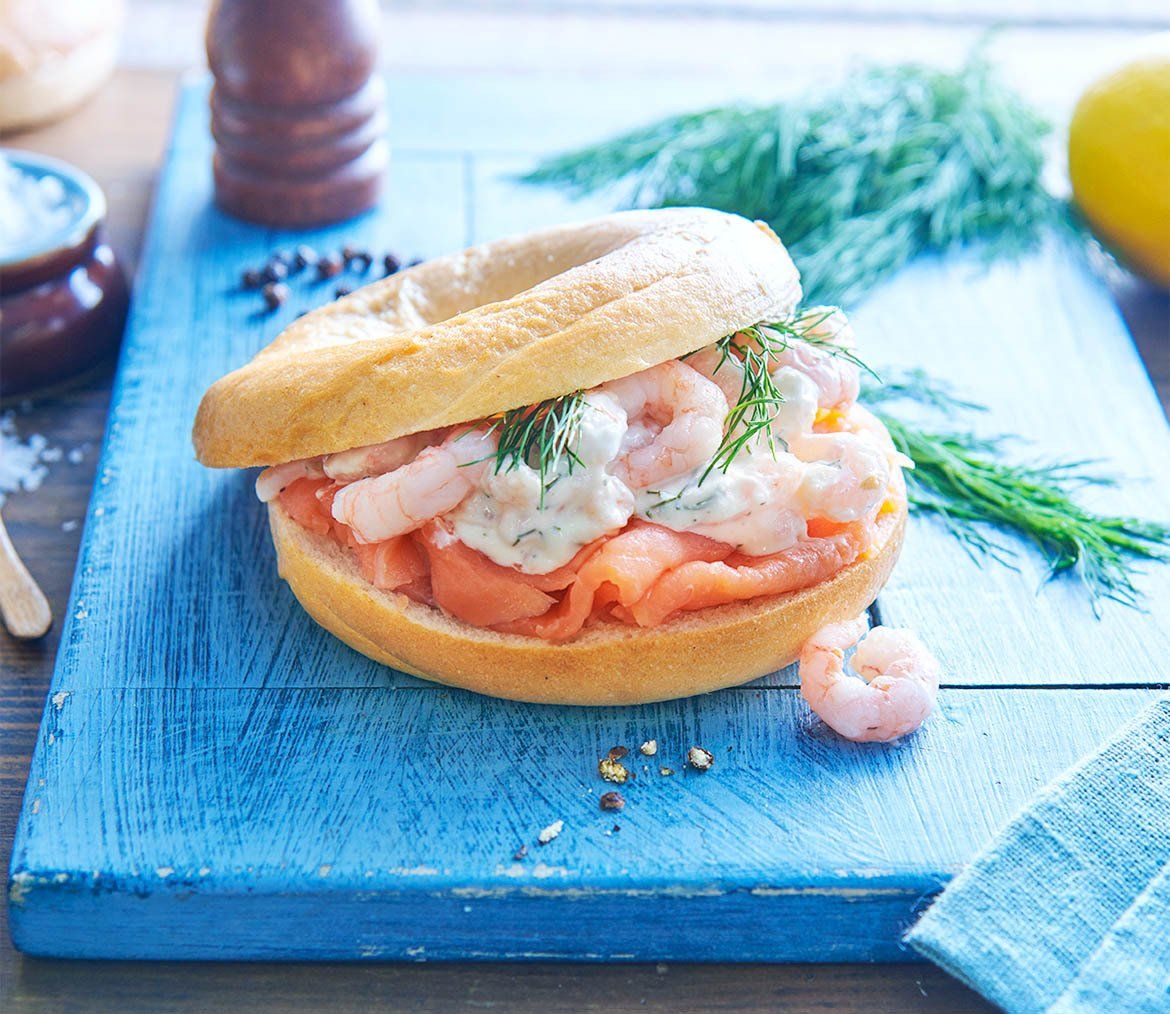 Scandi Smoked Salmon Bagel and Prawns