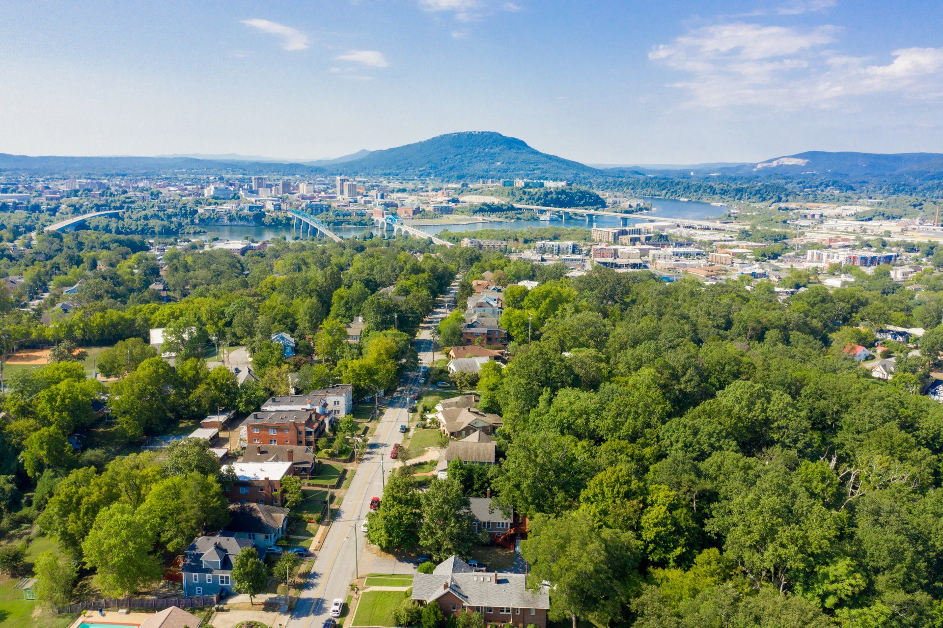 Drone shot of Chattanooga neighborhood and Lookout Mountain. Chattanooga Real Estate Photography