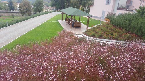 Giardino con fiori e gazebo