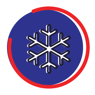 A snowflake is in a blue and red circle.