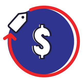 A blue circle with a dollar sign and a tag on it.
