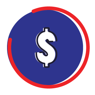 A blue and red circle with a dollar sign inside of it.
