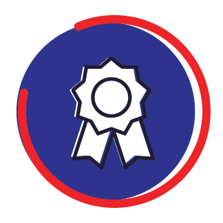 An icon of a ribbon in a blue and red circle.