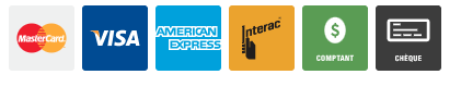 Logos pour Mastercard, Visa, American Express, Interac, signe dollar et chèque.