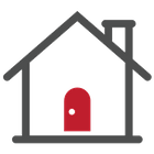 Contour de maison avec porte rouge et cheminée.