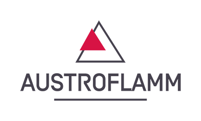 AUSTROFLAMM-Logo mit einem roten Dreieck innerhalb eines grauen Dreiecksumrisses über dem Markennamen.