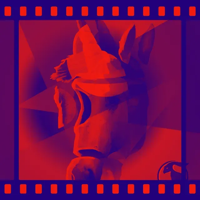 A red and blue film strip with a statue in the middle
