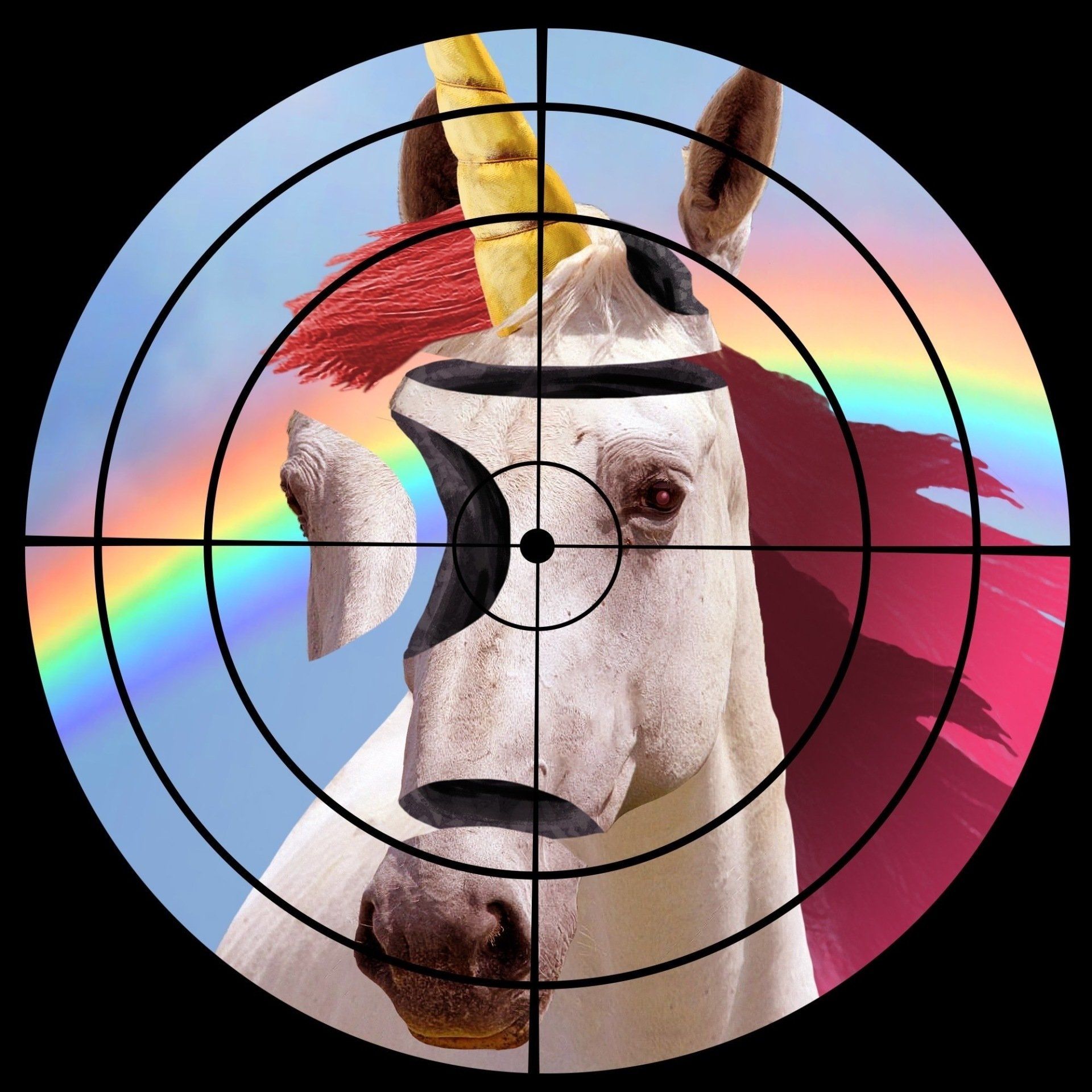 A unicorn is being targeted by a crosshair