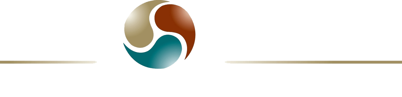 Logo with stylized tear-drop shape composed of teal, gold, and brown sections.