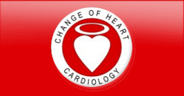 Change Of Heart Cardiology Red background with white logo: heart with halo,