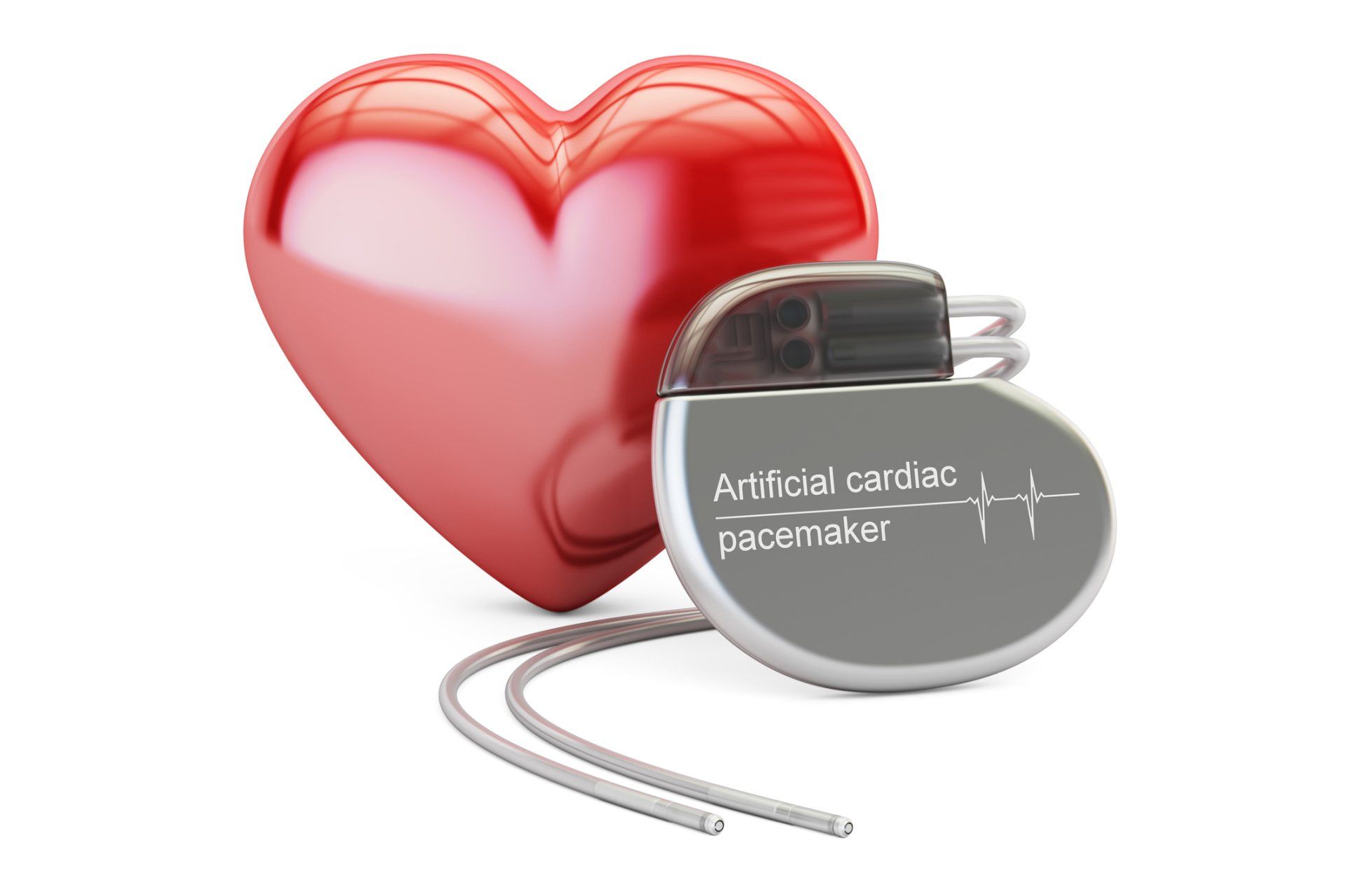Red heart next to an artificial cardiac pacemaker.