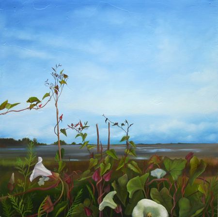 Morning Glories, 15 inches by 15 inches, oil on panel