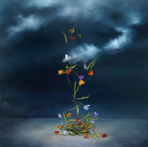 Falling Tulips.18 inches by 18 inches, oil on panel