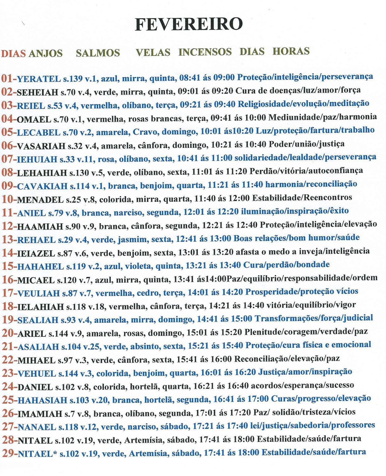Calendário das Velas de Fevereiro