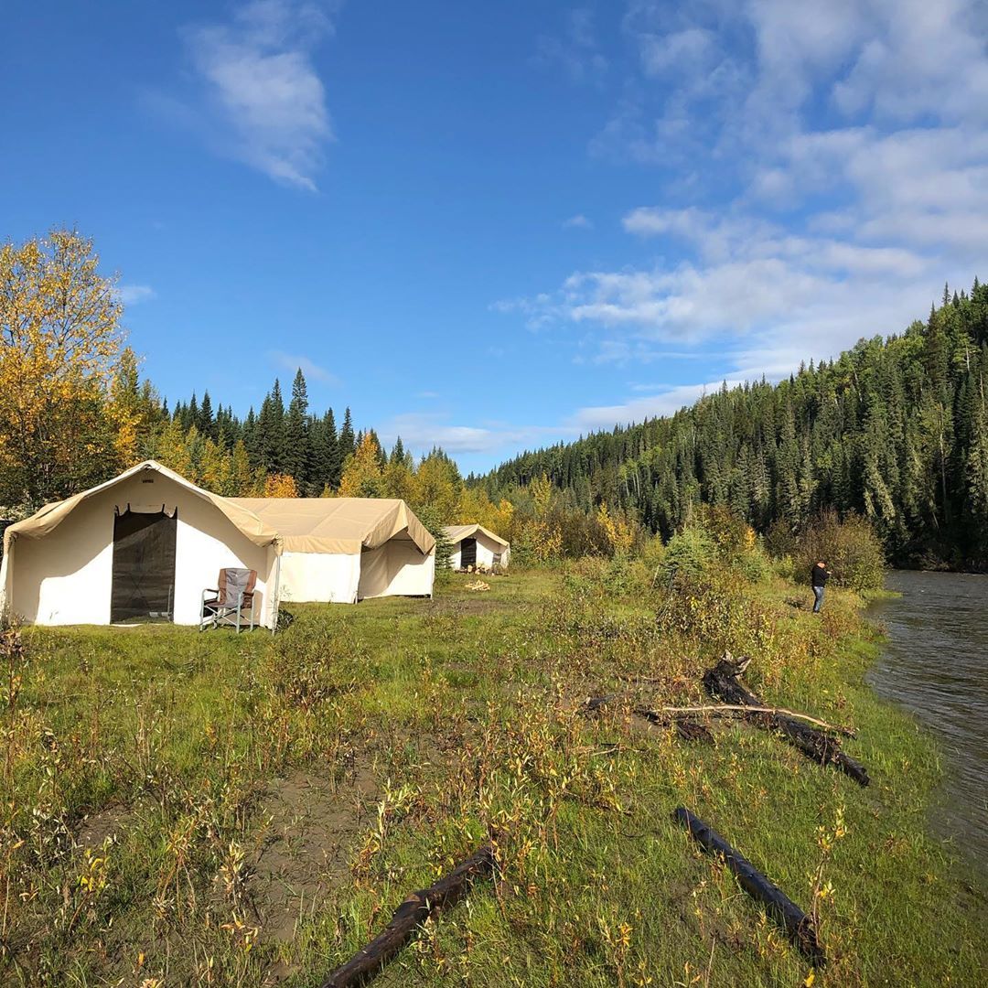 A couple of tents in a field next to a river