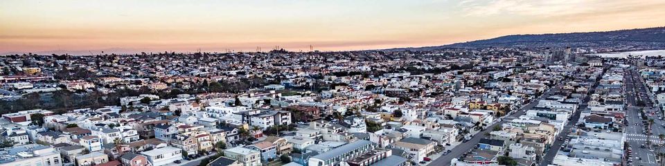 An aerial view of Downtown Hermosa Beach, CA.
