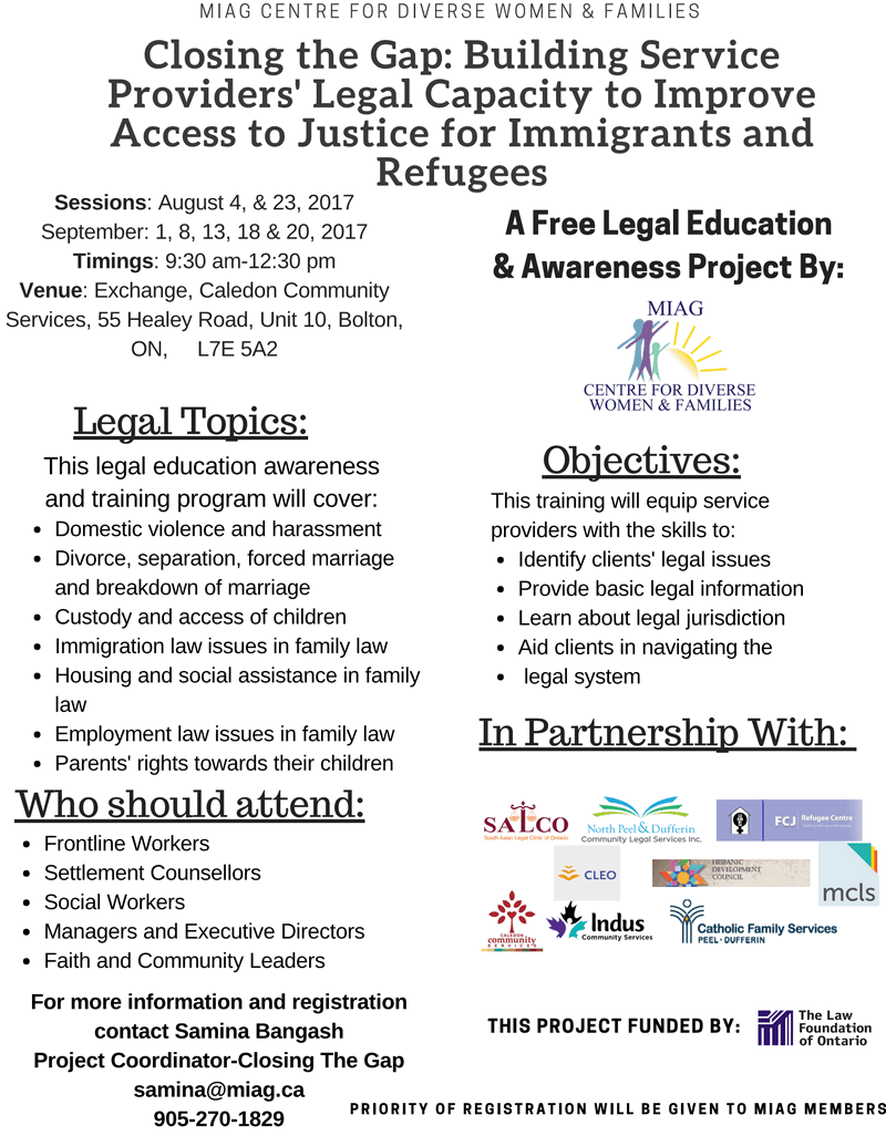 Poster: Legal education for service providers on immigrant/refugee justice. Includes project partners and objectives.