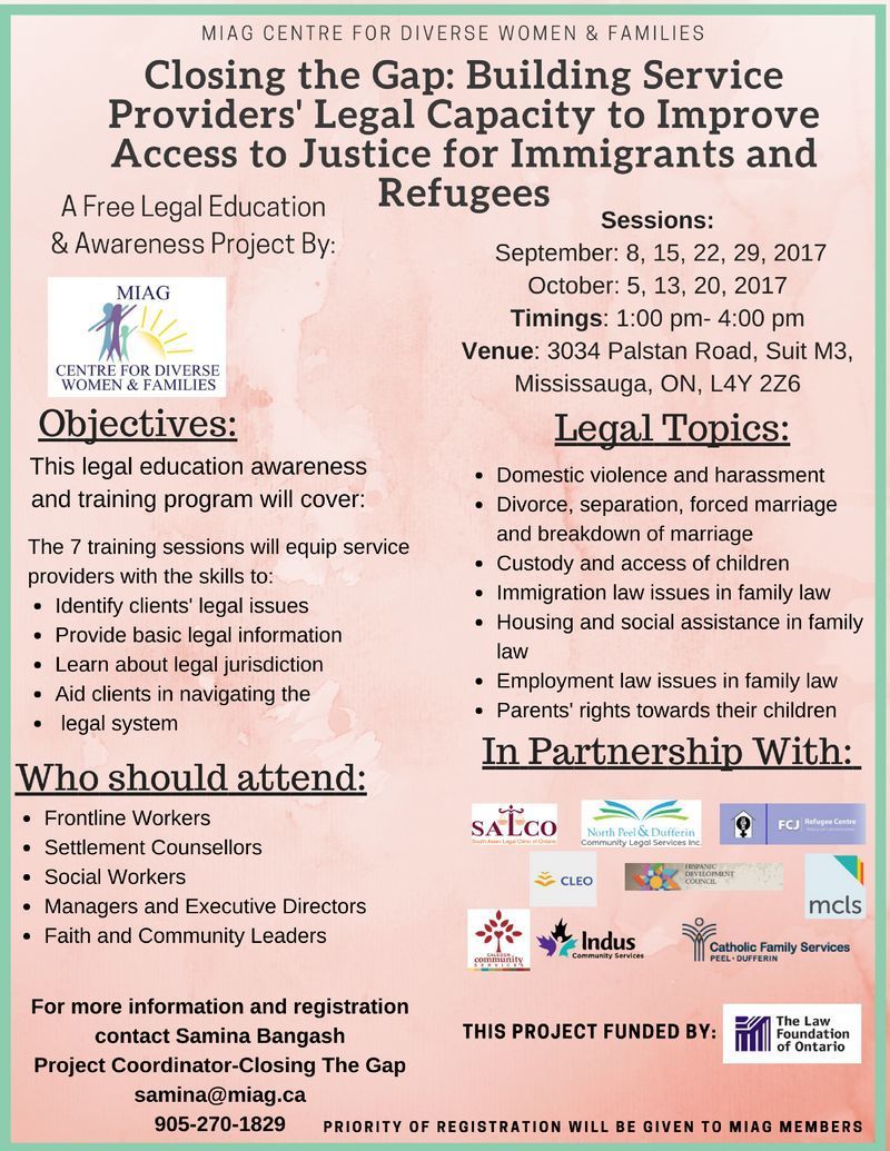 Poster for legal training. Focus: immigrants/refugees. Includes partners, topics, and contact info.
