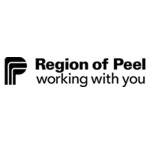The logo for the region of peel is black and white and says `` region of peel working with you ''.