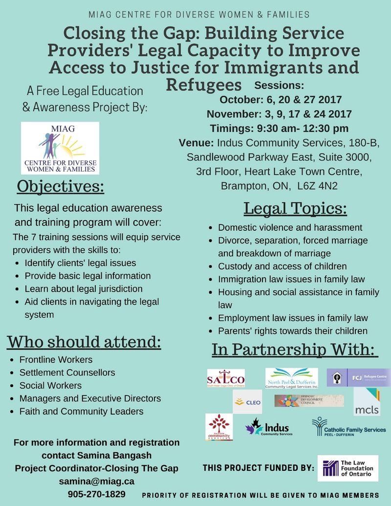 Poster for a legal workshop. Text on building legal capacity for immigrants and refugees. Includes partner logos.