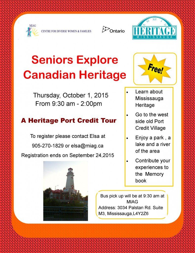 An advertisement for a heritage port credit tour for seniors