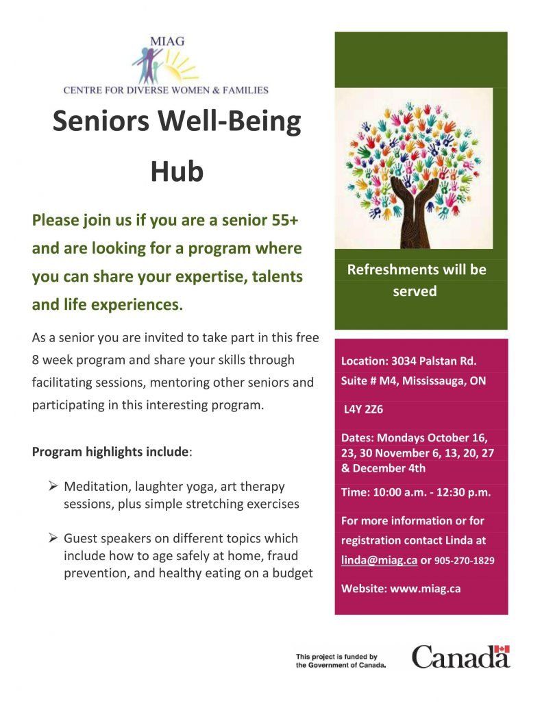 A flyer for a seniors well-being hub in canada