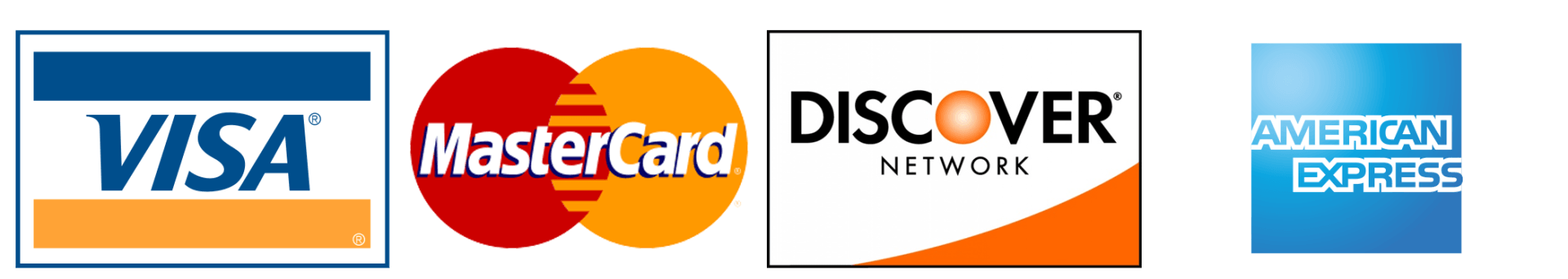Visa, MasterCard, Discover, and American Express payment logos on a white background