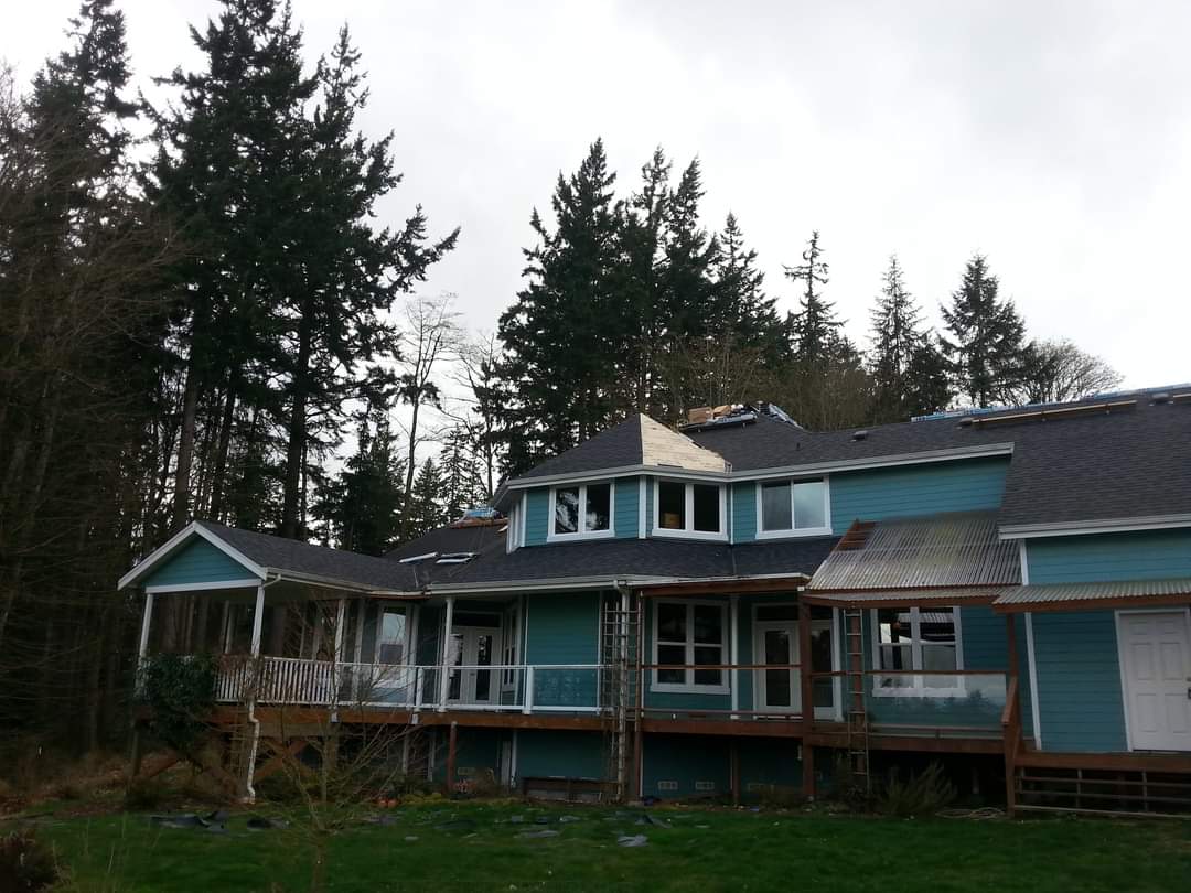 A blue house with a gray roof is surrounded by trees