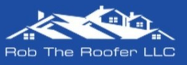 The logo for rob the roofer llc is blue and white.