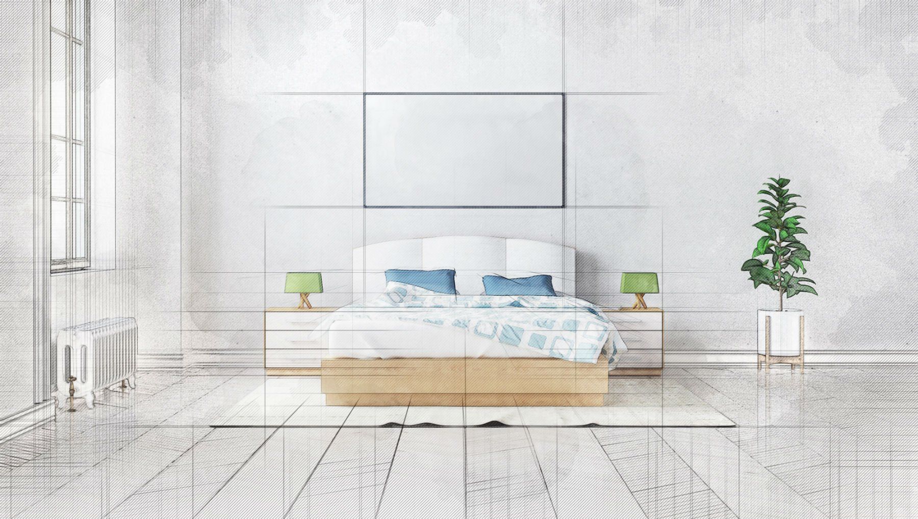 disegno di camera da letto con abàt-jour verdi e pianta da interni