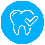 White outline of a tooth with a checkmark, within a blue circle.