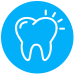 White tooth with sparkle on a blue circle, dental health icon.