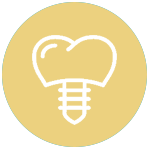 White dental implant icon in a yellow circle.