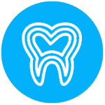 White outline of a tooth in a blue circle.