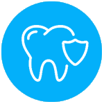 White tooth with a shield icon in a blue circle, representing dental protection.