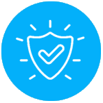 Blue circle with white shield and check mark, symbolizing security.