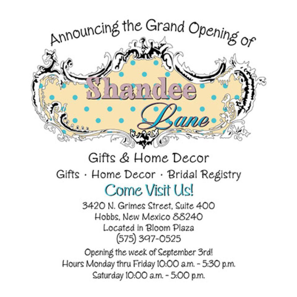 Postcard announcing the grand opening of Shandee Lane