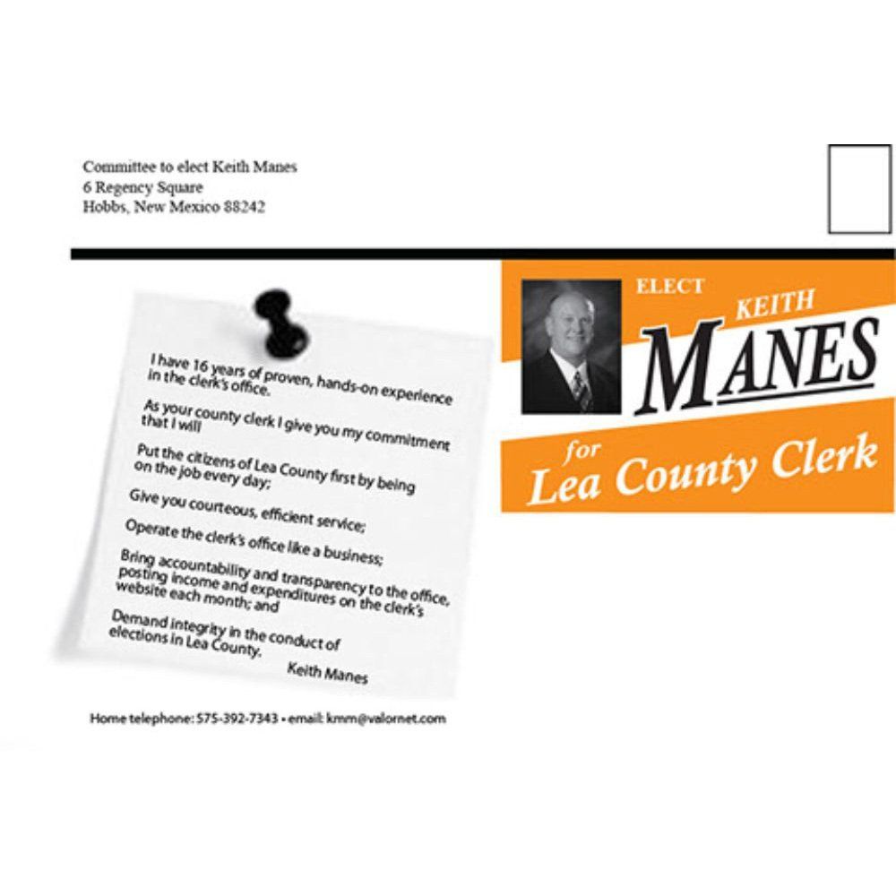 Postcard promoting Keith Manes for Lea County Clerk