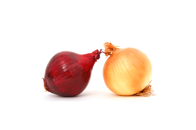 A red onion and a yellow onion are sitting next to each other on a white background.