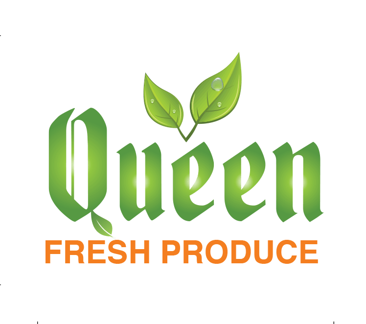 A logo for queen fresh produce with green leaves