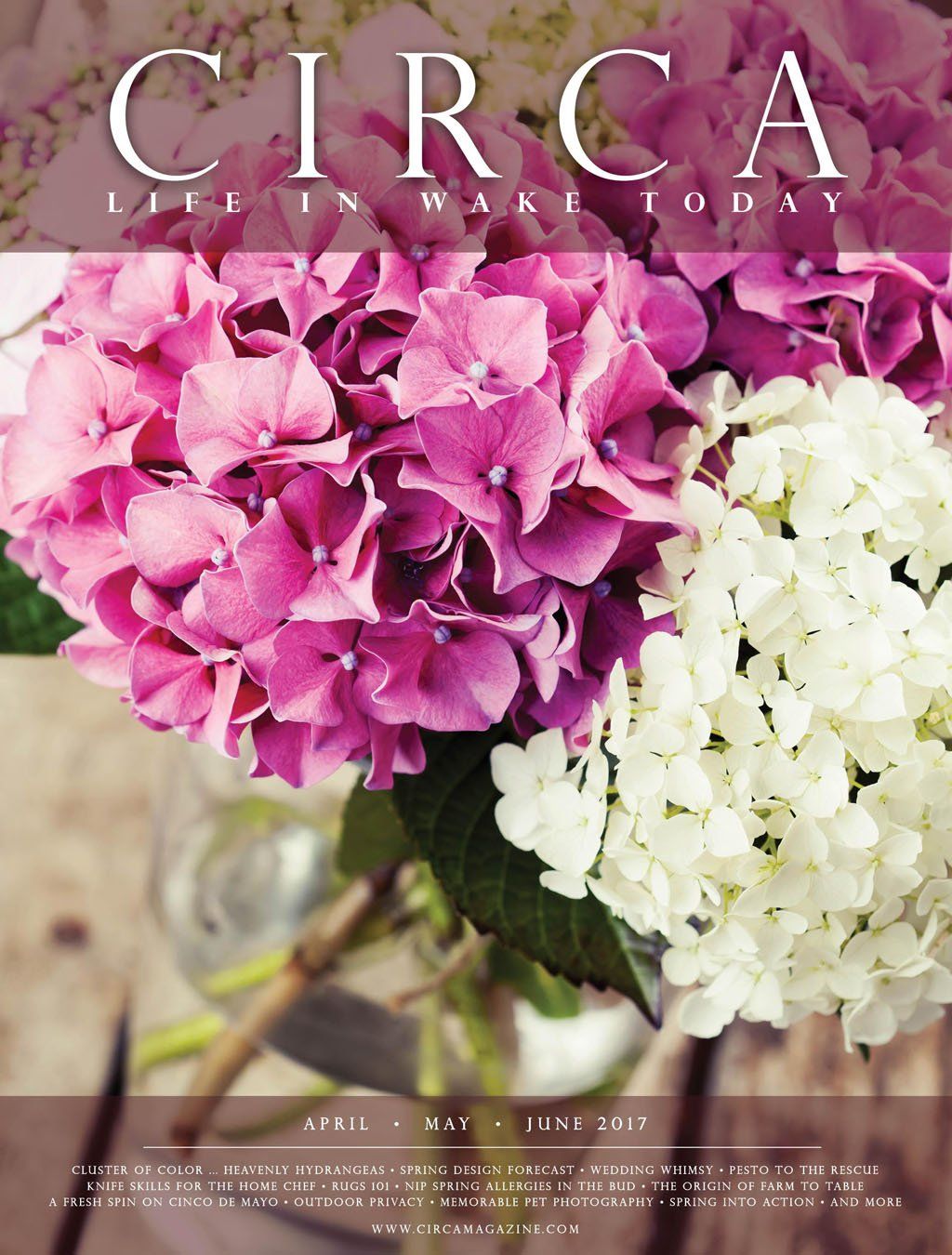 Magazine cover with pink and white hydrangeas in a jar, 