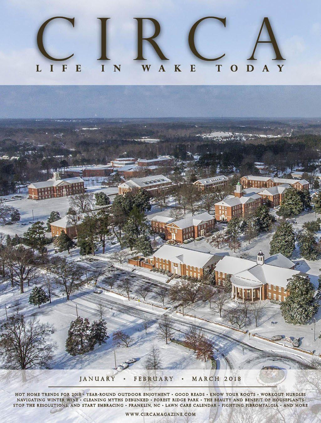 CIRCA magazine cover: Snowy aerial view of a college campus with brick buildings.