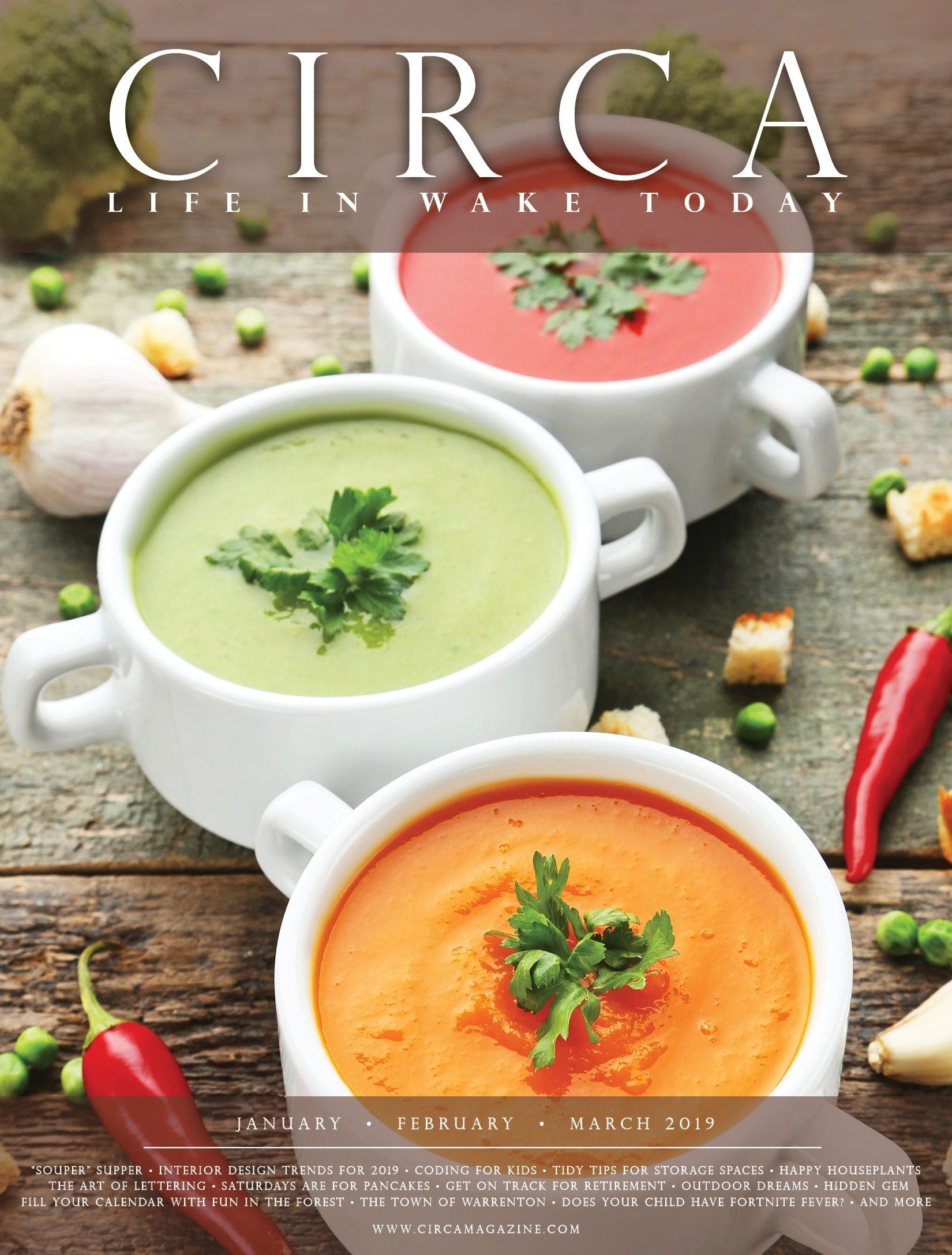 Bowls of colorful soup; magazine cover.