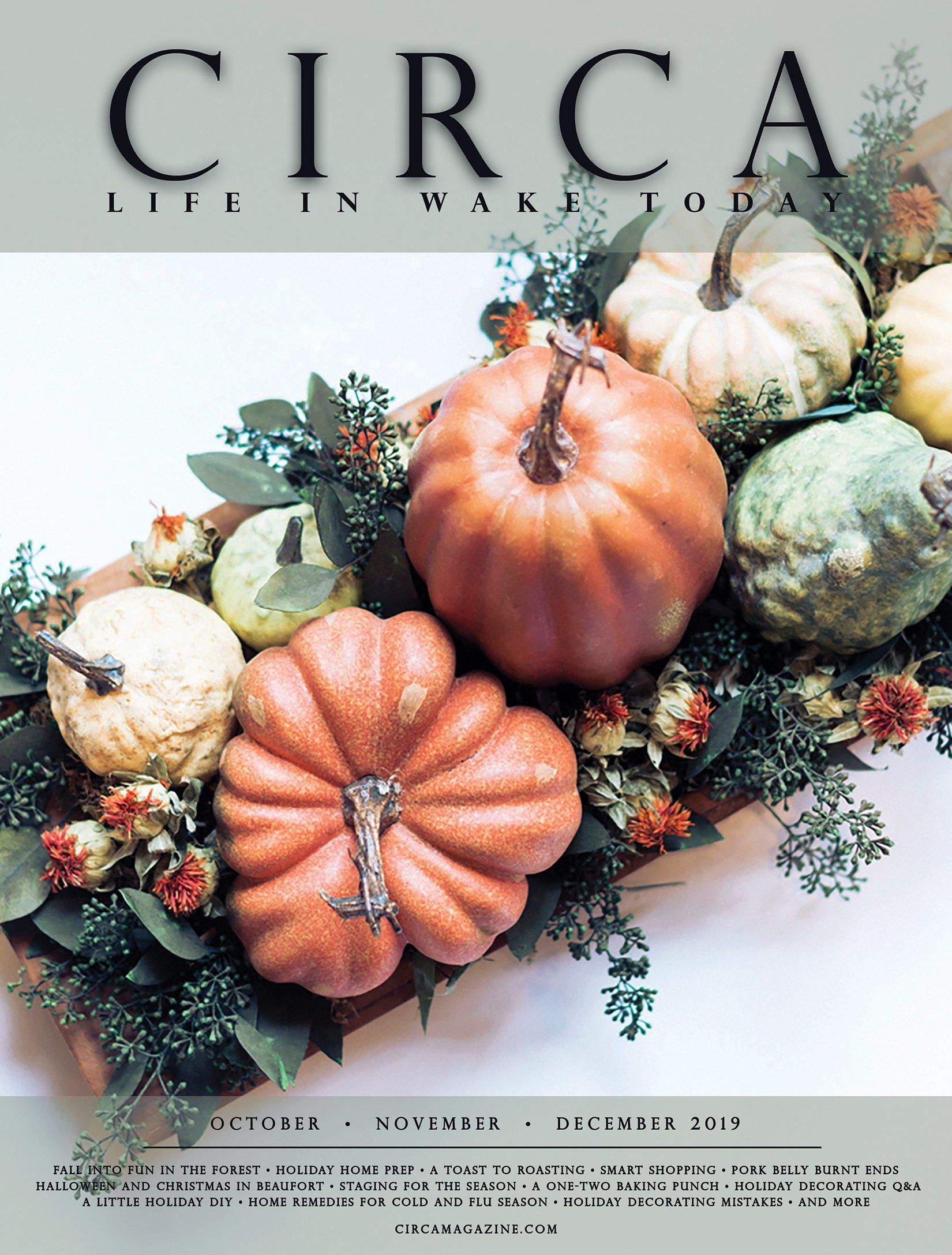 Magazine cover with pumpkins and foliage arrangement.