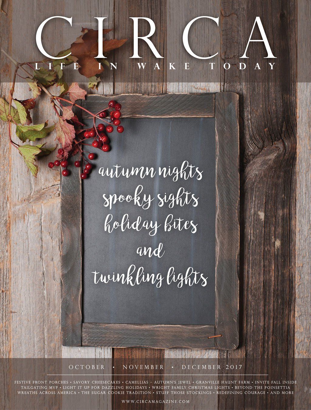 Circa magazine cover with autumn theme: chalkboard with fall words, foliage, and wooden background.