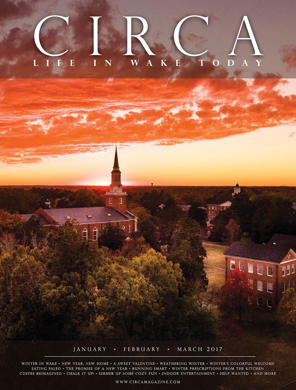 Circa magazine cover with campus buildings at sunset, Wake Forest University.